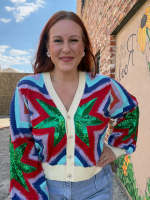 Queen of Sparkles Cream, Red, Green, Blue & Purple Starburst Cardigan
