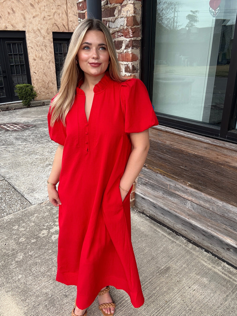 red puff sleeve dress Addy & Ry Boutique spring texas , The Woodlands Tx