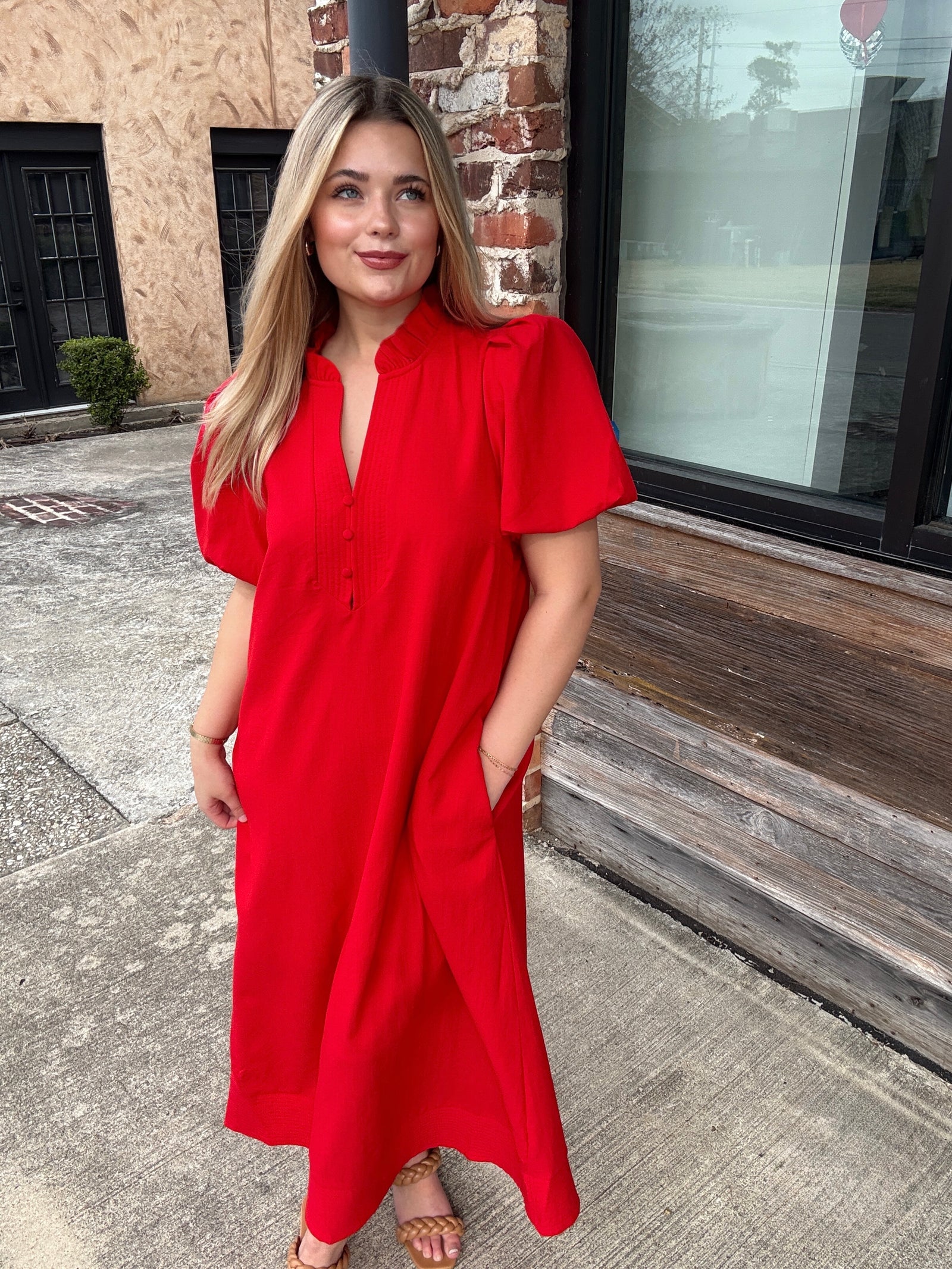red puff sleeve dress Addy & Ry Boutique spring texas , The Woodlands Tx