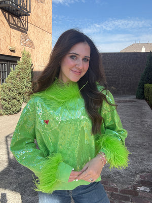 Queen of Sparkles Green Full Sequin Feather Trim Grinch Heart Sweater