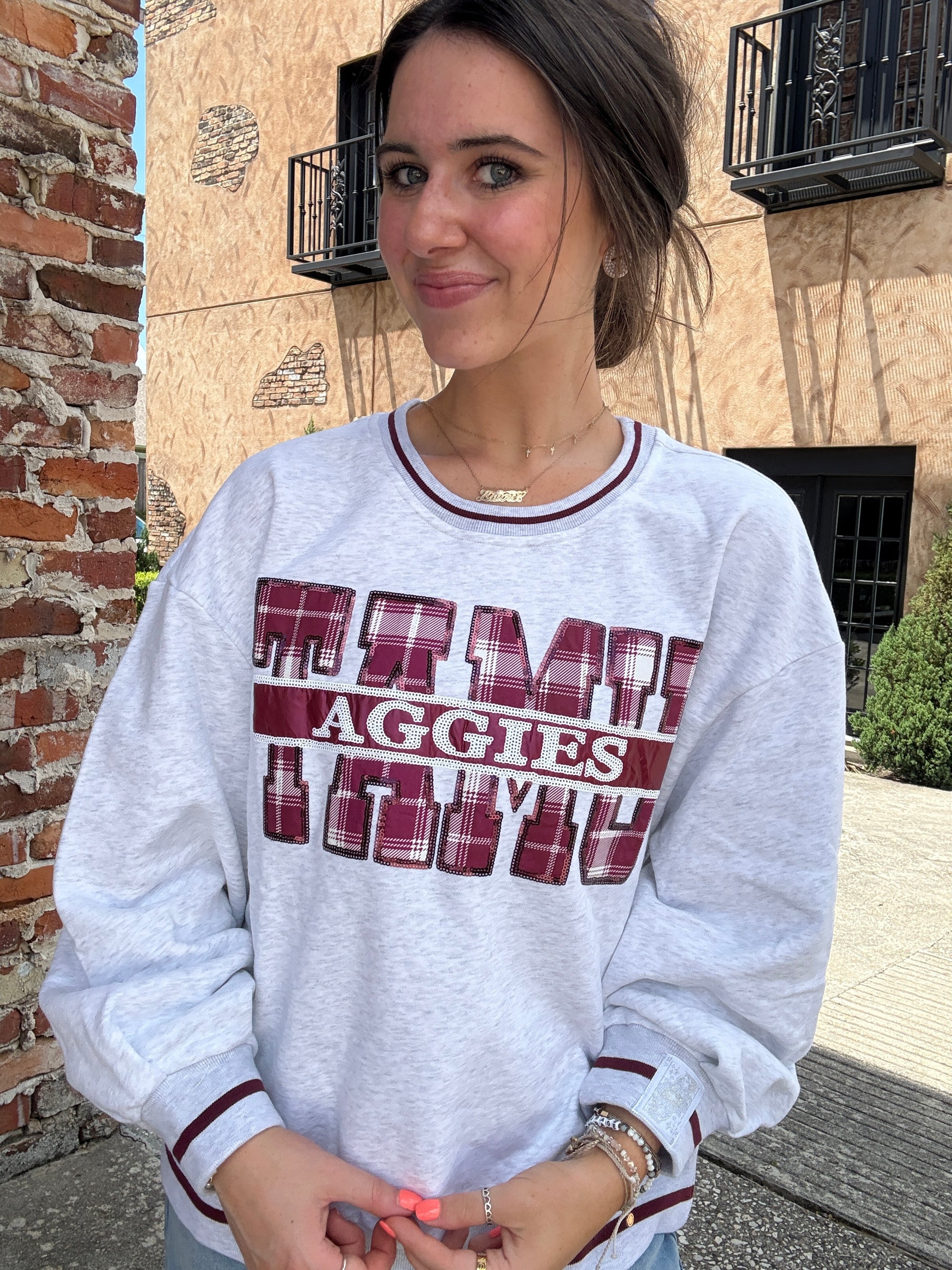 Queen of Sparkles Licensed Texas A&M Plaid Letter Sweatshirt