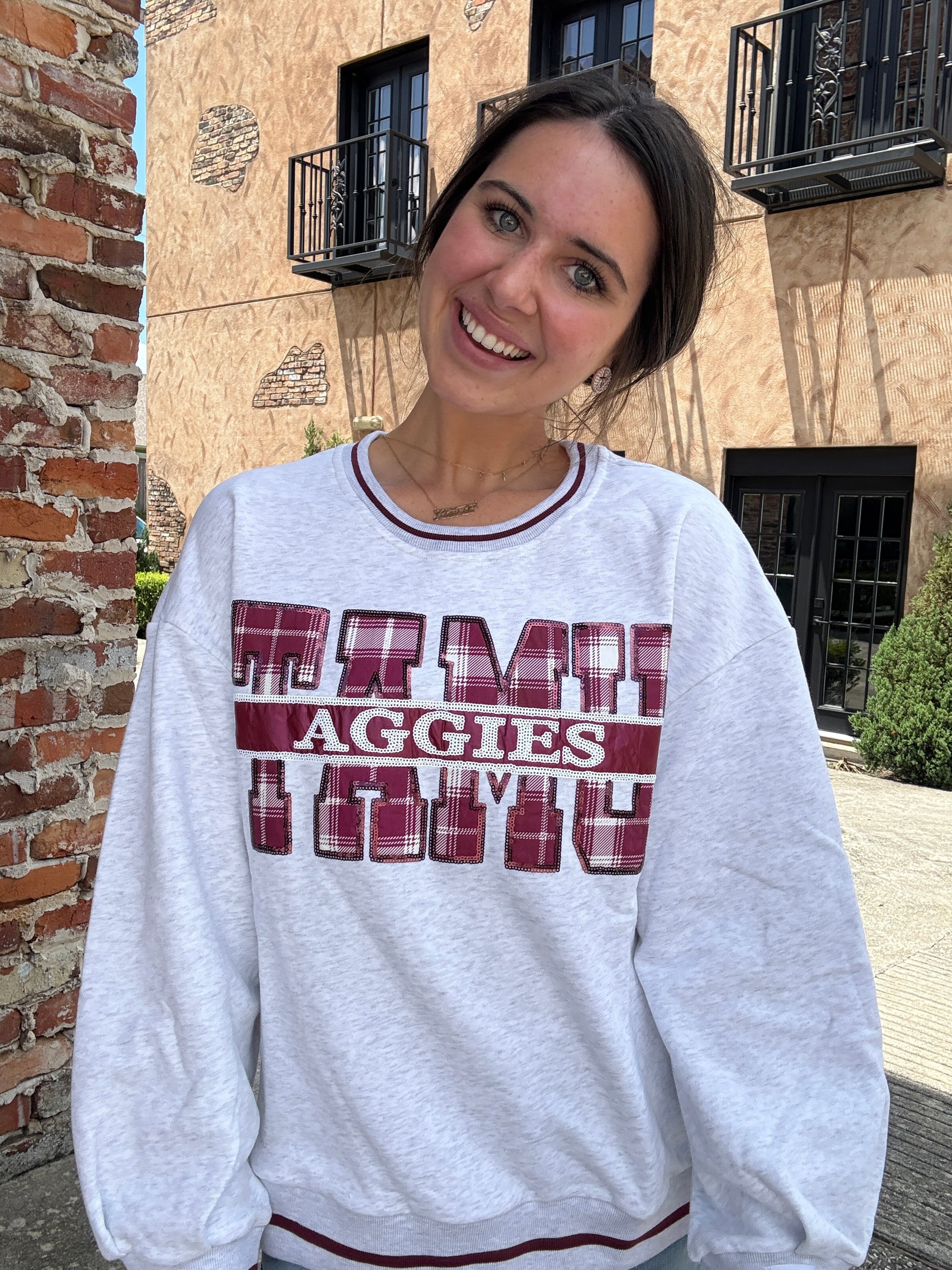 Queen of Sparkles Licensed Texas A&M Plaid Letter Sweatshirt