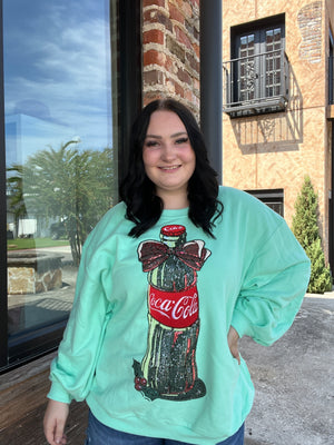 Queen of Sparkles Mint Green Bow Coca-Cola Bottle Sweatshirt