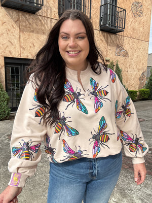 Queen of Sparkles Beige Multi Bumble Bee Sweatshirt