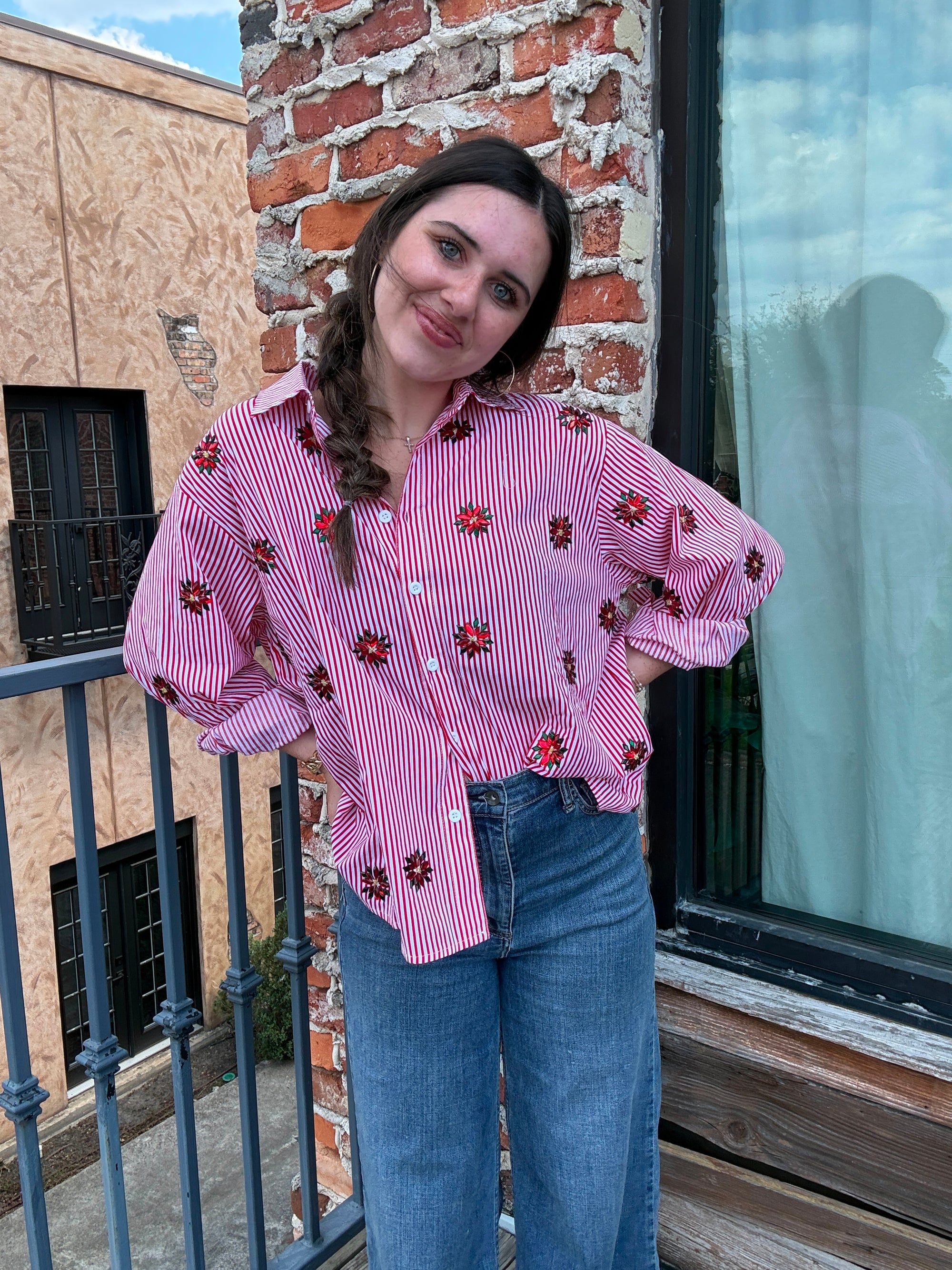 Queen of Sparkles Red & White Striped Scattered Jeweled Poinsettia Button Up Collar Top