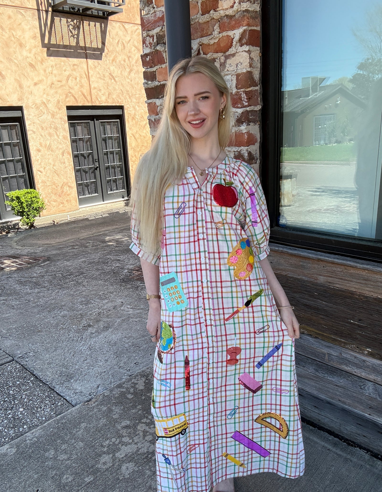 Queen of Sparkles Rainbow Plaid Teacher Icon Button Up Cotton Midi Dress