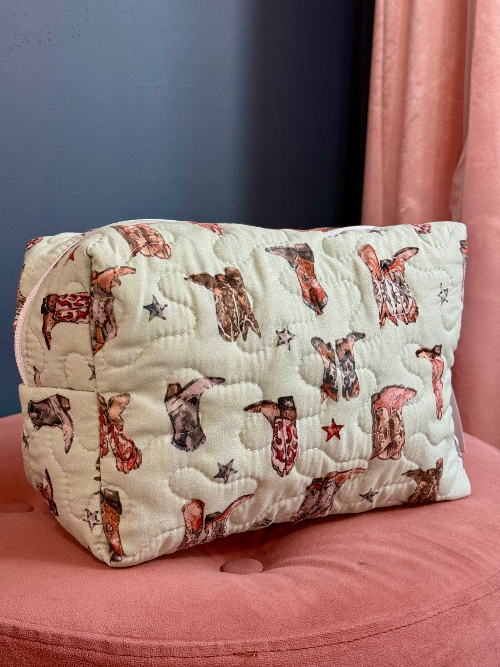 Ida Mae Thunderbird Boots Sage Quilted Makeup Bag
