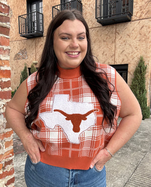 Queen of Sparkles Licensed- Burnt Orange & White Plaid UT Sweater Vest