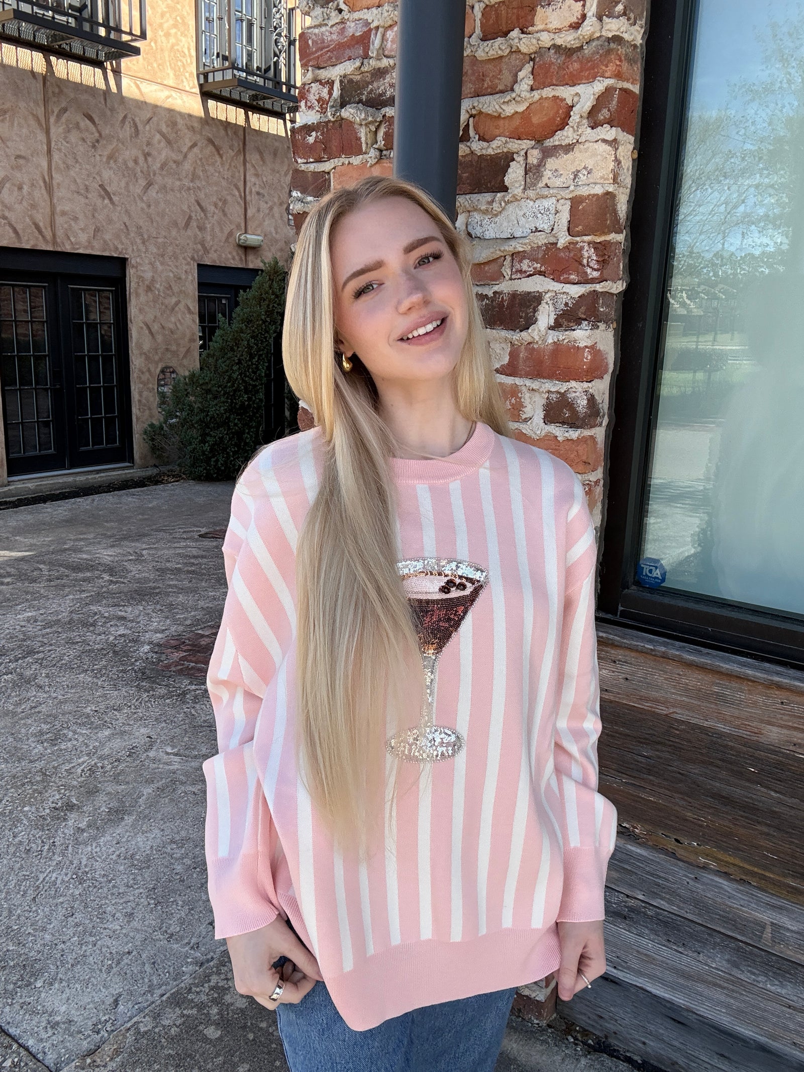 Queen of Sparkles Light Pink & White Stripe Espresso Martini Sweater