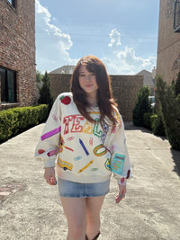 Queen of Sparkles Beige Multi 'Teach' Scattered Icon Sweatshirt