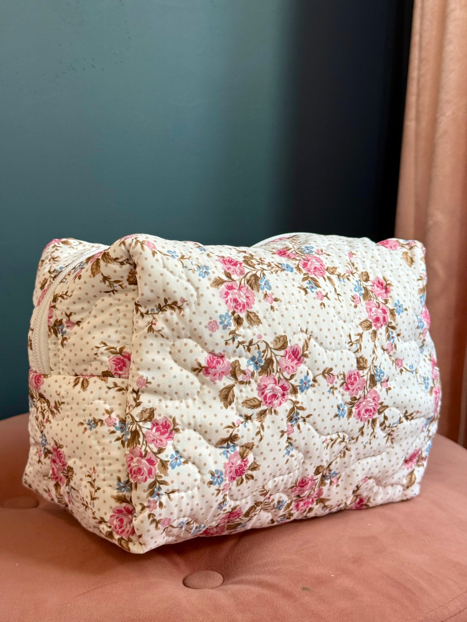 Ida Mae Rosey Floral White Quilted Makeup Bag