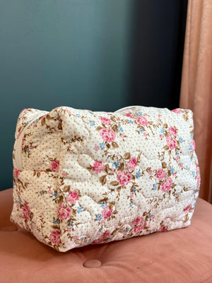 Ida Mae Rosey Floral White Quilted Makeup Bag