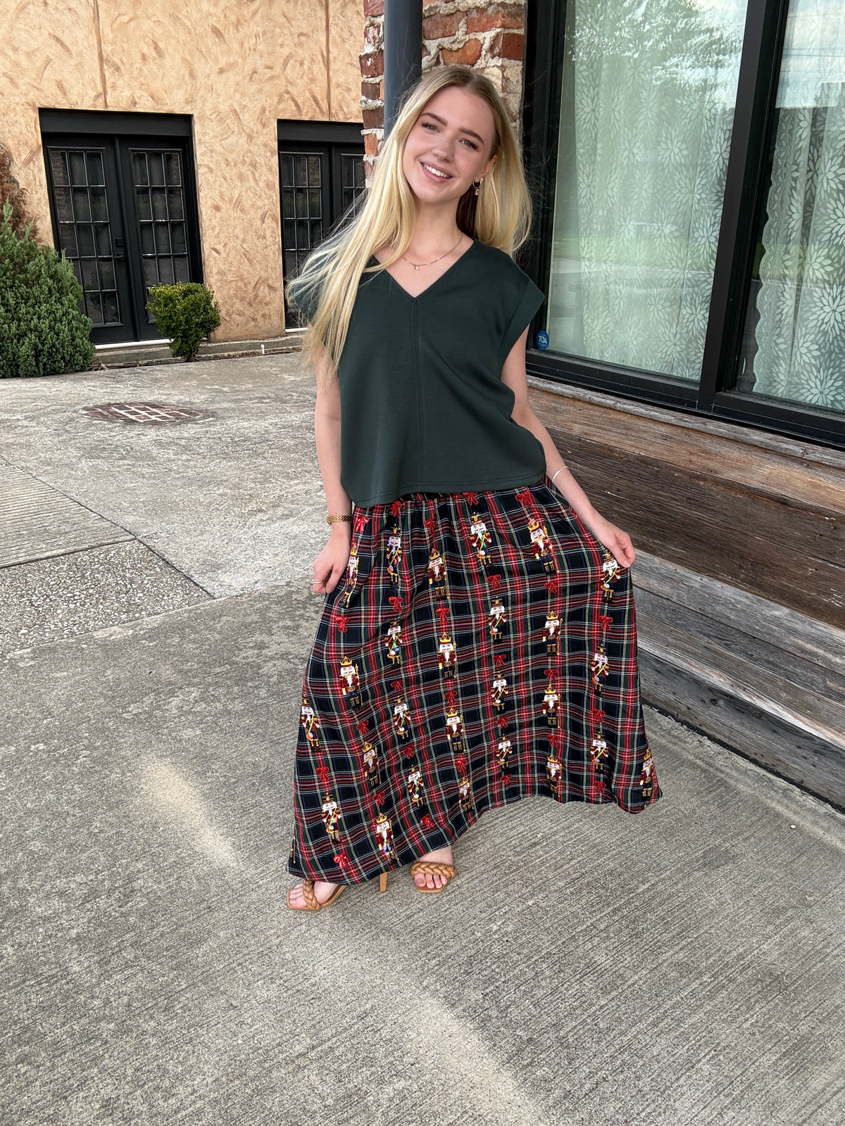 Queen of Sparkles Navy & Plaid Nutcracker & Bow Cotton Midi Skirt