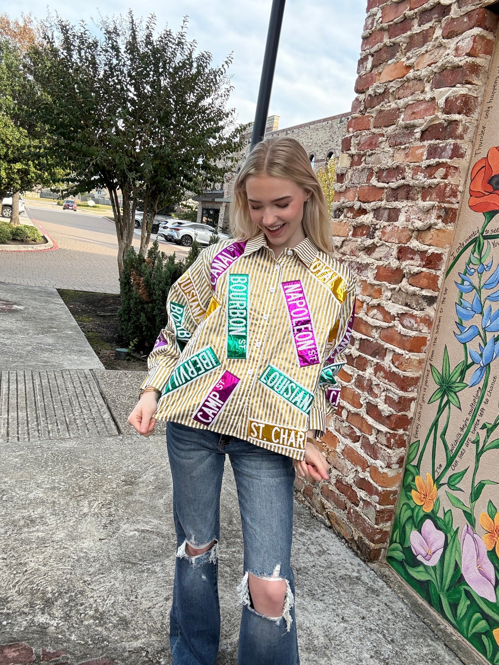Queen of Sparkles Metallic Gold Stripe Nola Street Signs Button Up Top