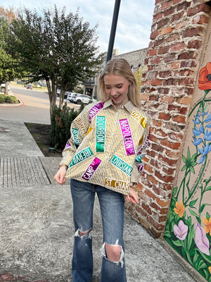Queen of Sparkles Metallic Gold Stripe Nola Street Signs Button Up Top