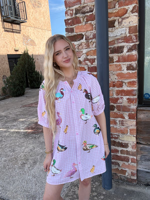 Queen of Sparkles Light Pink Gingham Scattered Duck Button Up Cotton Dress