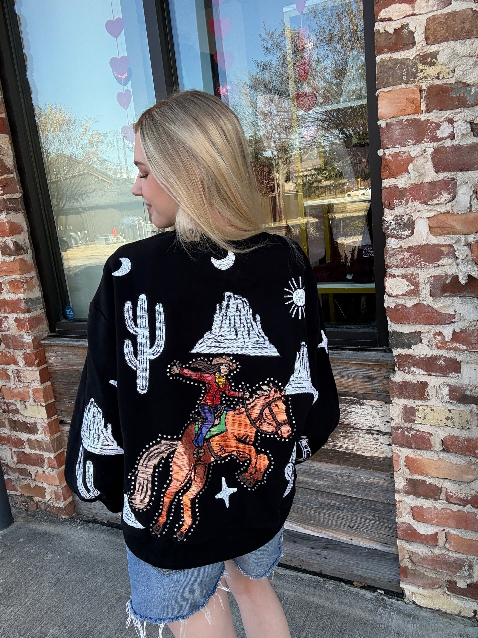 Queen of Sparkles Black & White Multi Bucking Cowgirl Sweatshirt