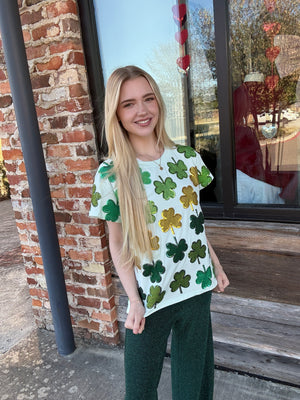 Queen of Sparkles Light Green Rhinestone Shamrock Tee