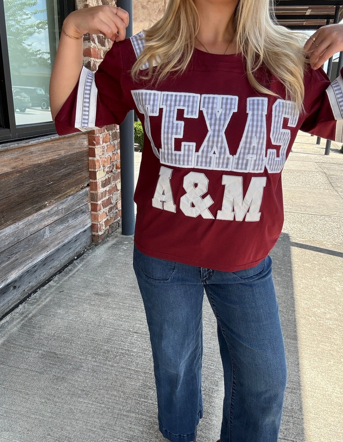 Queen of Sparkles Licensed Texas A&M Oversized Gingham Jersey Tee