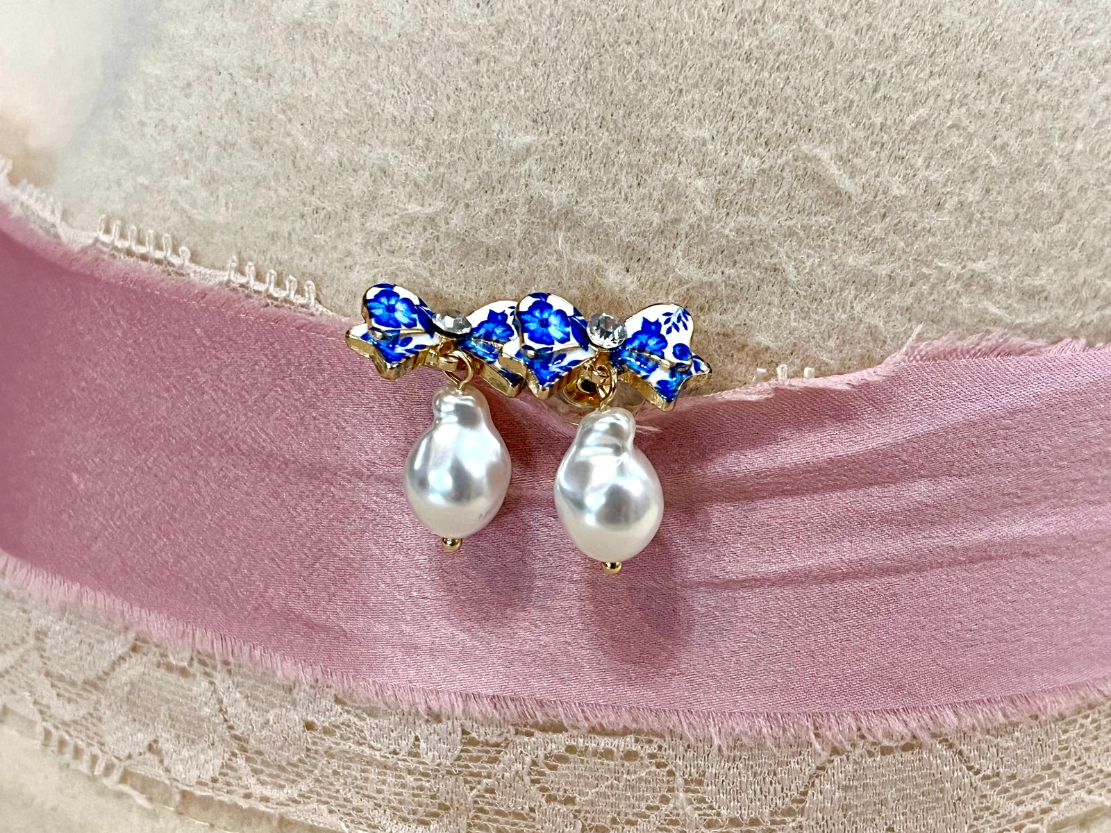 Whimsy Blue & Pearl Bow Earring