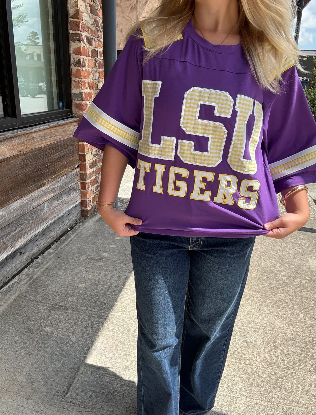 Queen of Sparkles Licensed LSU Oversized Gingham Jersey