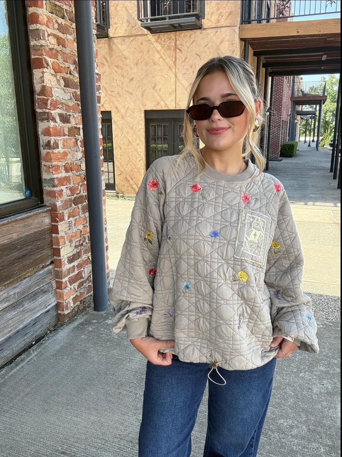 Queen of Sparkles Quilted Floral QOS Card Logo Sweatshirt