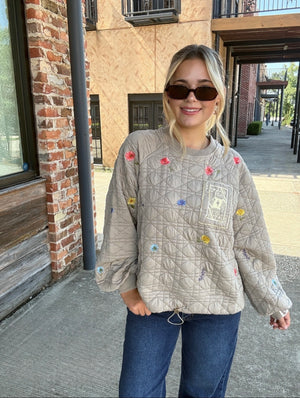 Queen of Sparkles Quilted Floral QOS Card Logo Sweatshirt