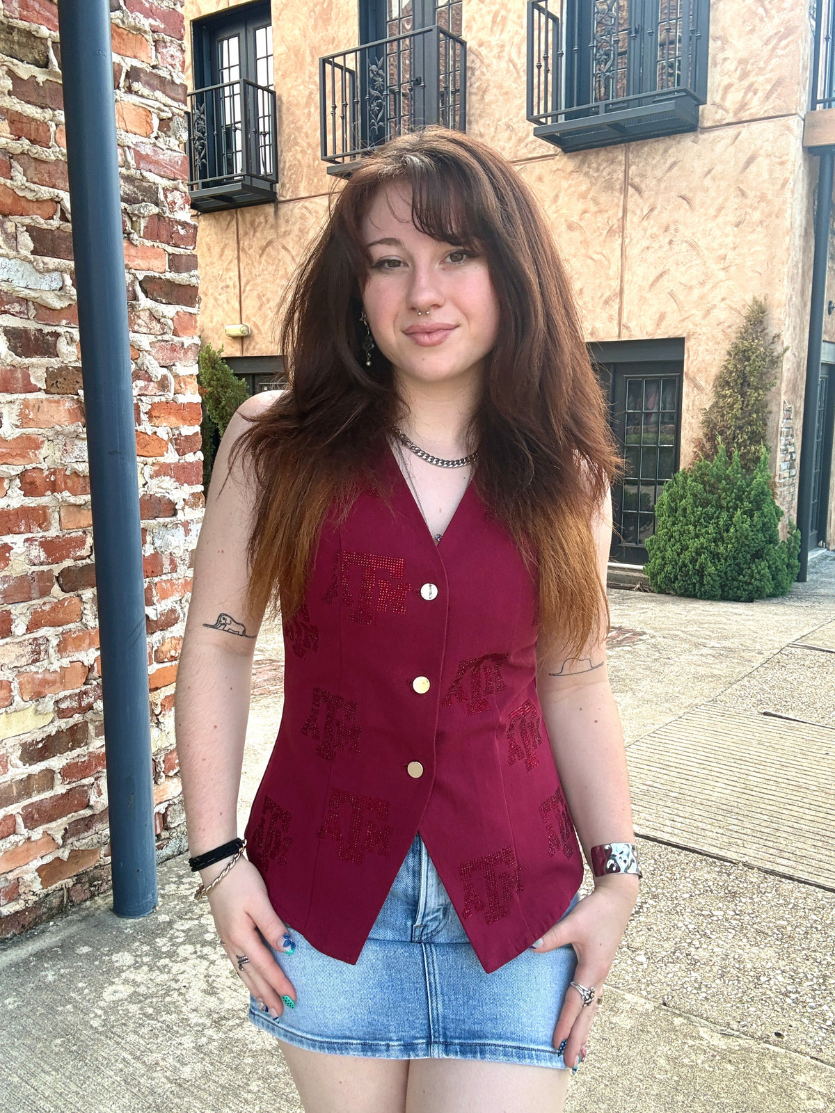 Queen of Sparkles Licensed Texas A&M Tonal Rhinestone Scattered Abbreviation Button Up Vest