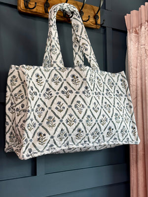 Ida Mae Henrietta Floral Blue Quilted Tote Bag