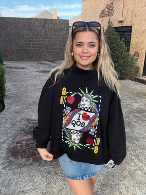 Queen of Sparkles Black NYC Queen Card Mock Neck Sweatshirt