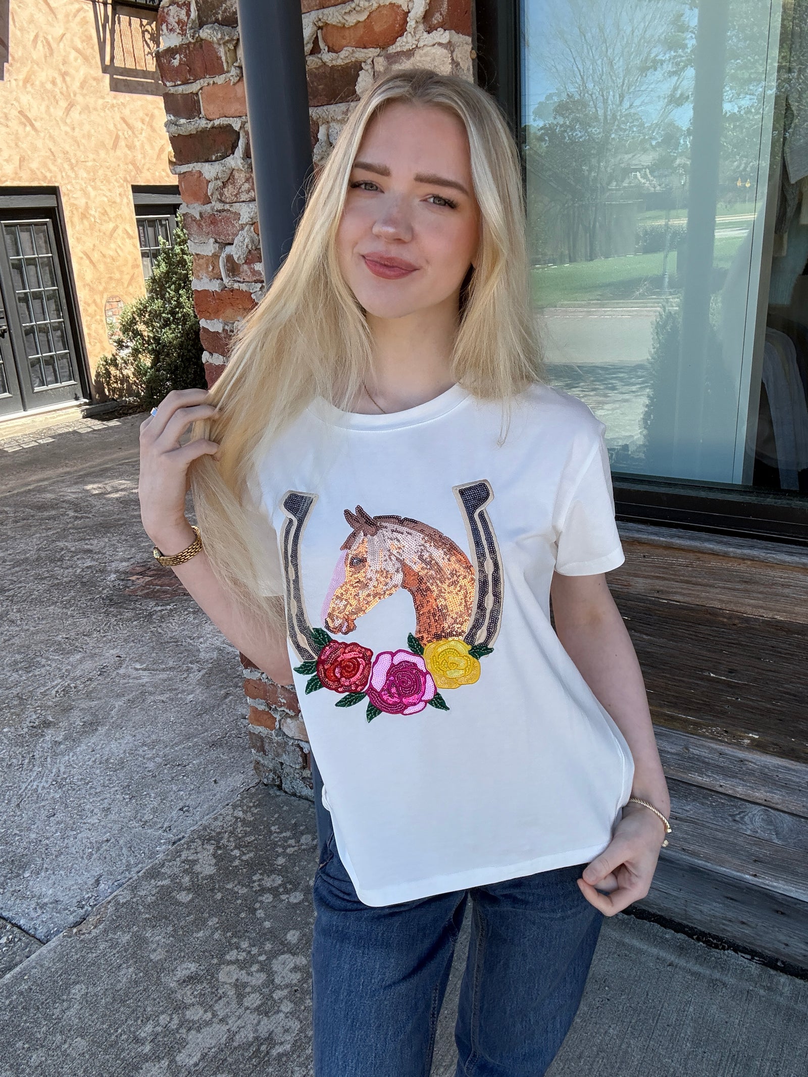 Queen of Sparkles White Horse & Rose Horse Shoe Tee