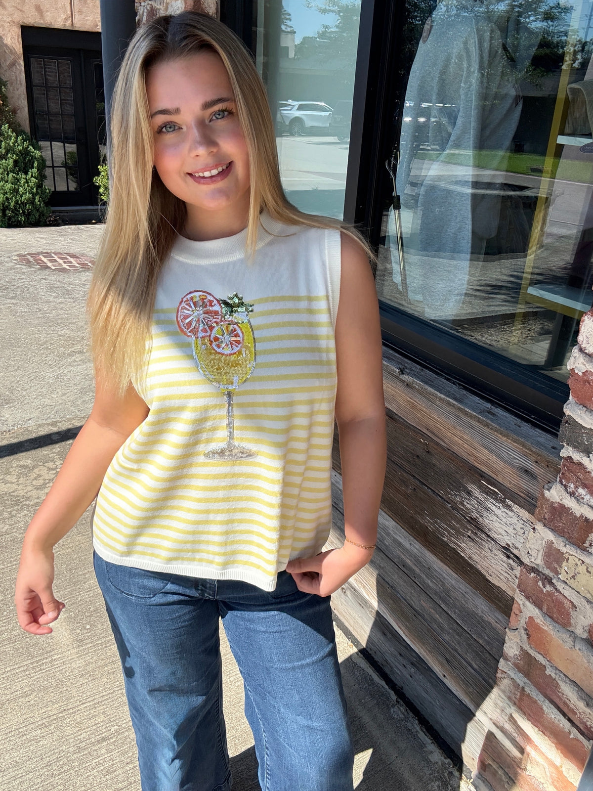 Queen of Sparkles Ivory & Yellow Stripe Cocktail Knit Tank