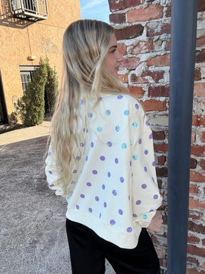 Queen of Sparkles Beige & Lavender Polka Dot Sparkle Mama Logo Sweatshirt
