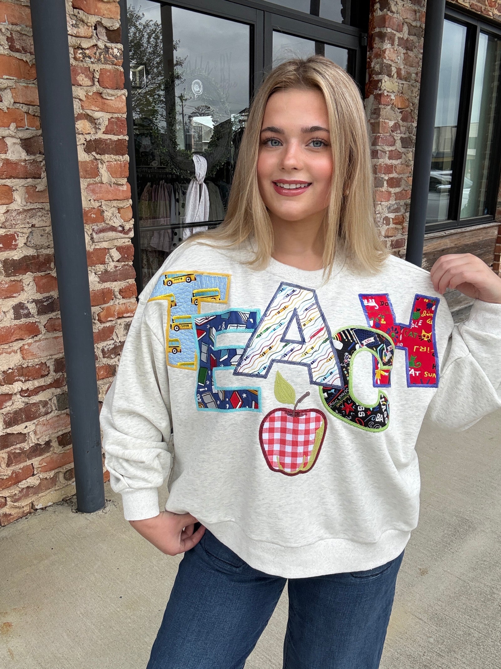 Queen of Sparkles Grey Multi Fabric 'Teach' Apple Sweatshirt