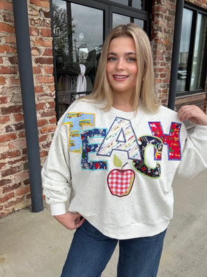 Queen of Sparkles Grey Multi Fabric 'Teach' Apple Sweatshirt