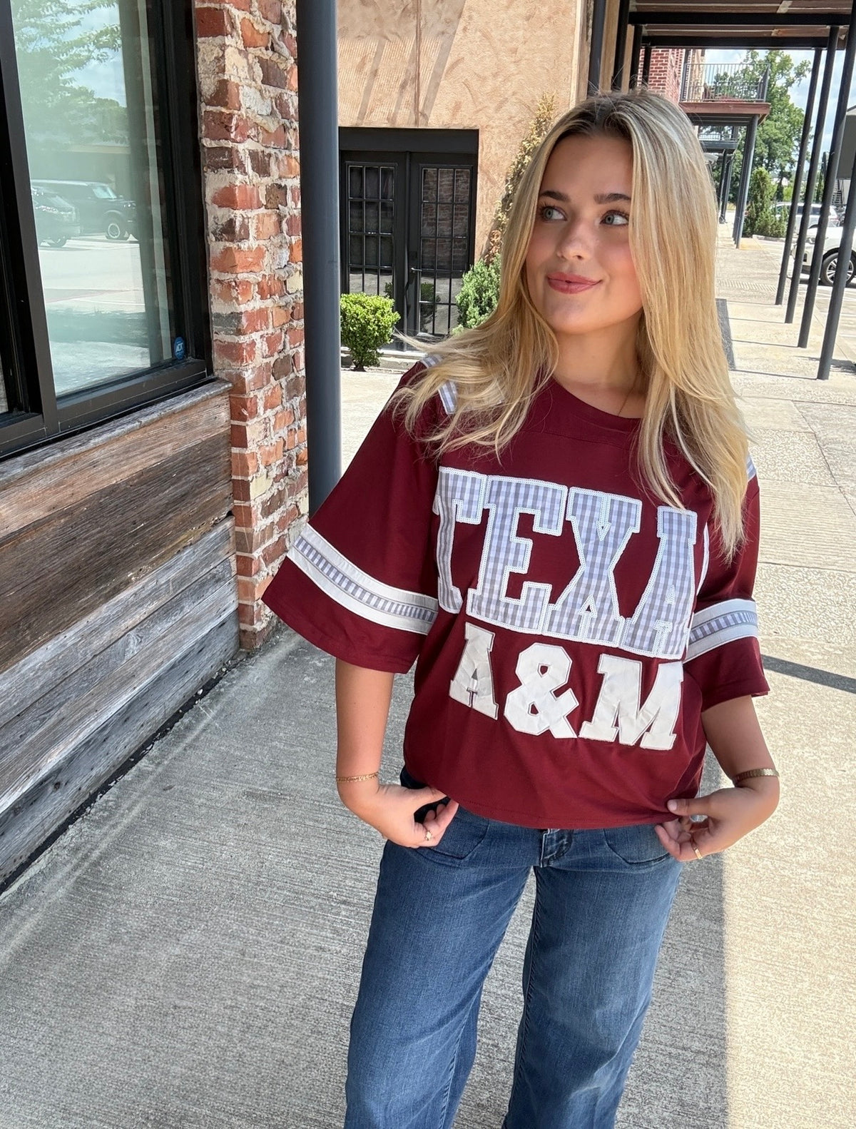 Queen of Sparkles Licensed Texas A&M Oversized Gingham Jersey Tee