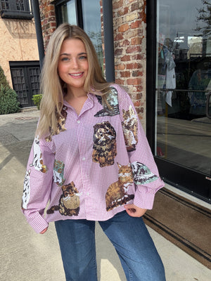 Queen of Sparkles Lavender Gingham Queen of Cats Button Up Long Sleeve Top
