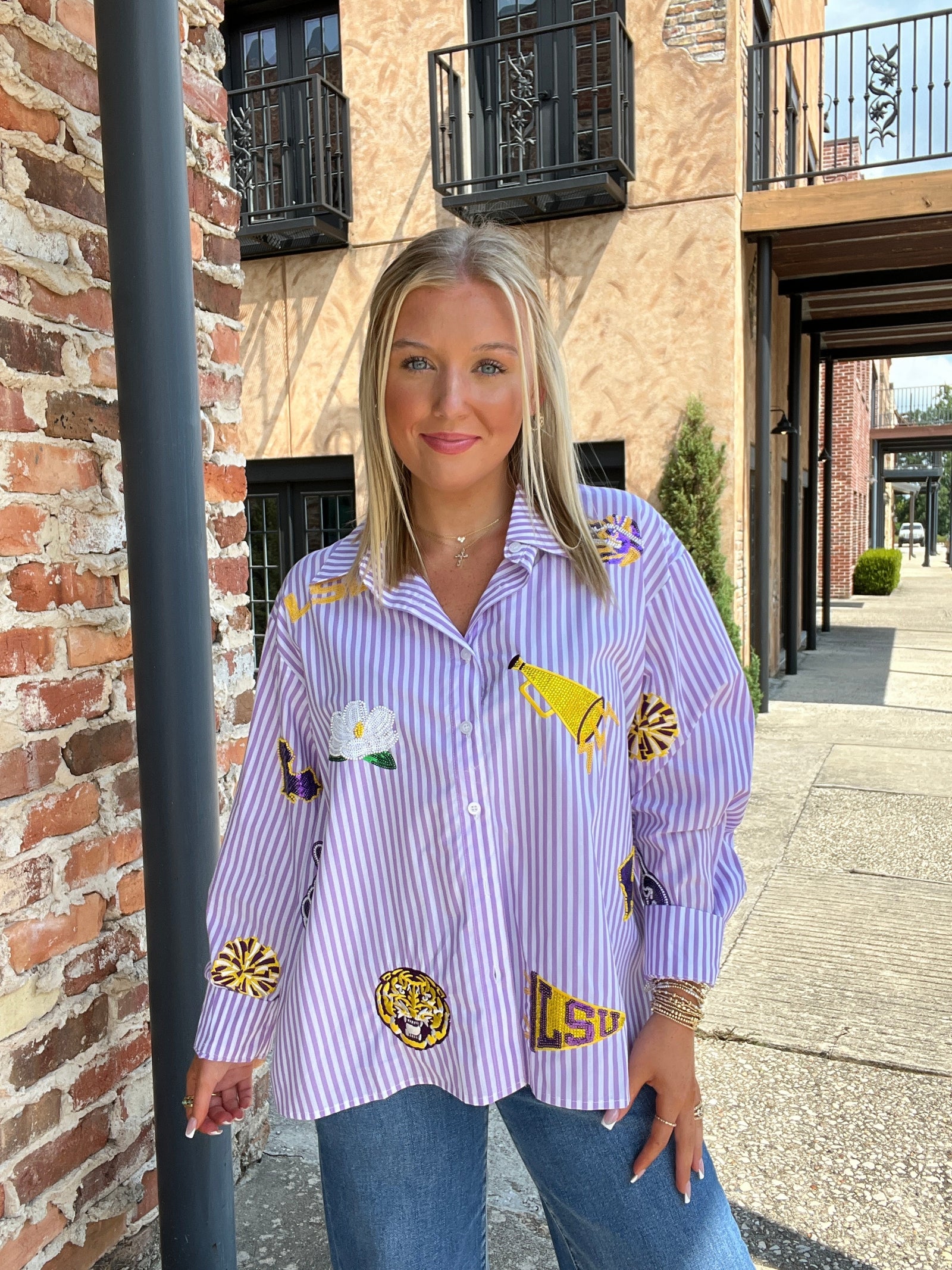 Queen of Sparkles Licensed LSU Icon Striped Button Down Long Sleeve Top