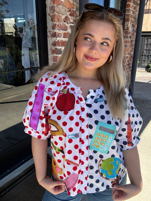 Queen of Sparkles Colorblock Polka Dot Teacher Icon Button Up Top