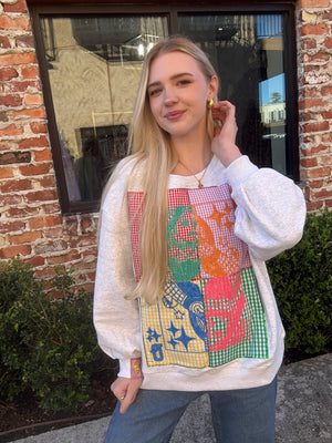 Queen of Sparkles Grey Colorblock Gingham QOS Card Logo Sweatshirt