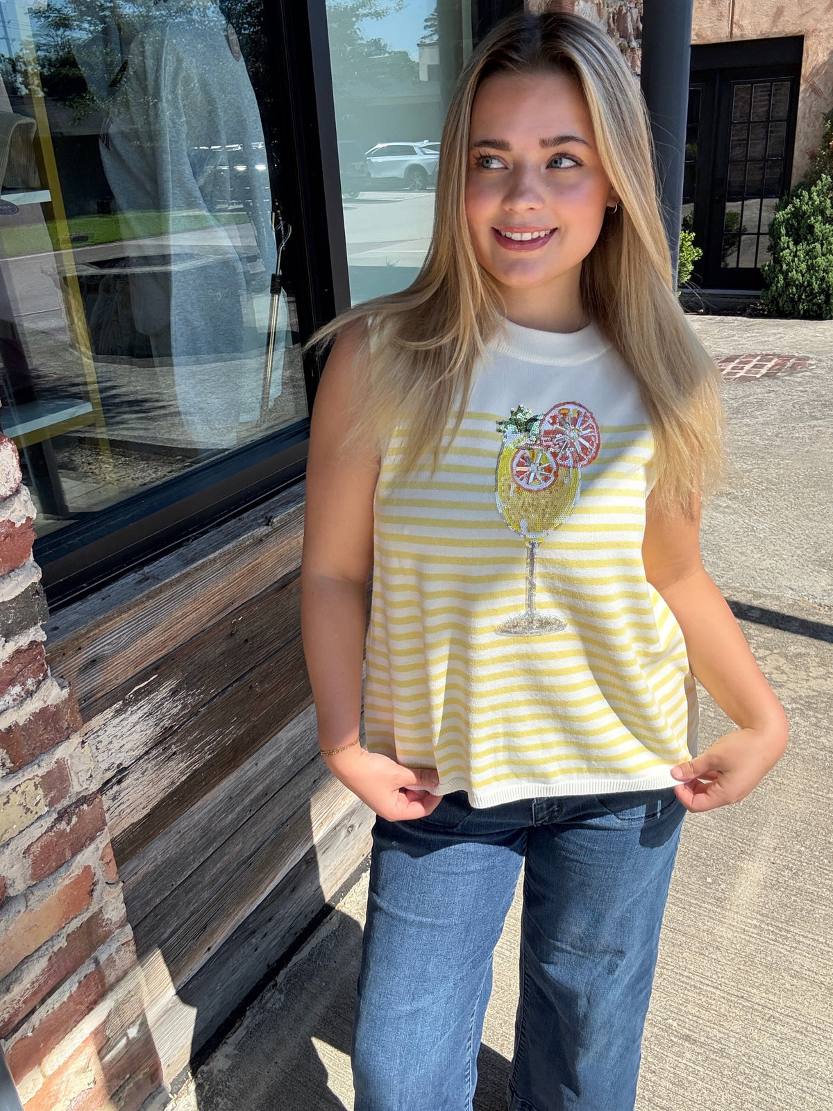 Queen of Sparkles Ivory & Yellow Stripe Cocktail Knit Tank