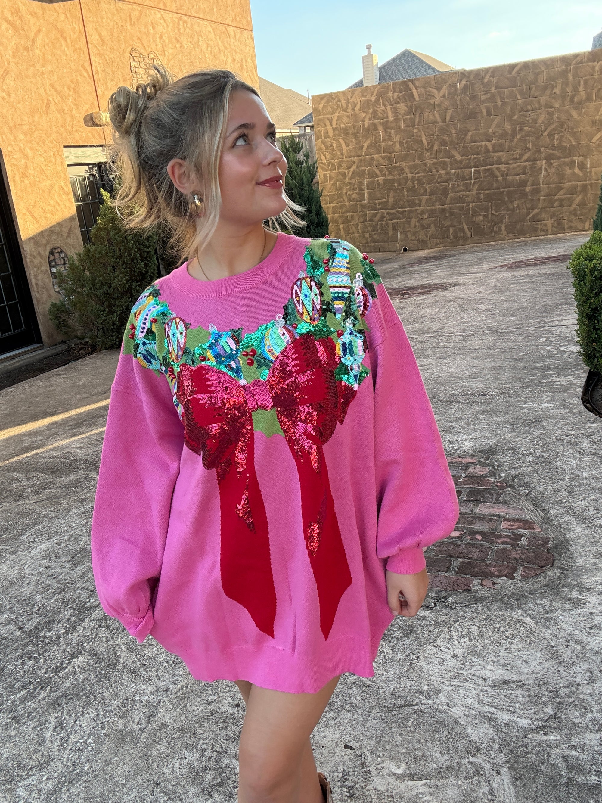 Queen of Sparkles Bright Pink Multi Wreath Around Neck Sweater Dress