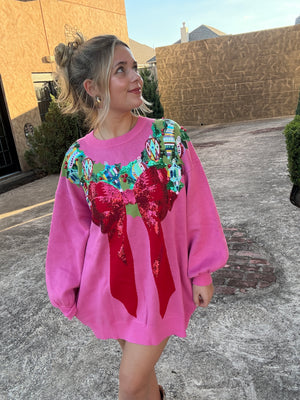 Queen of Sparkles Bright Pink Multi Wreath Around Neck Sweater Dress