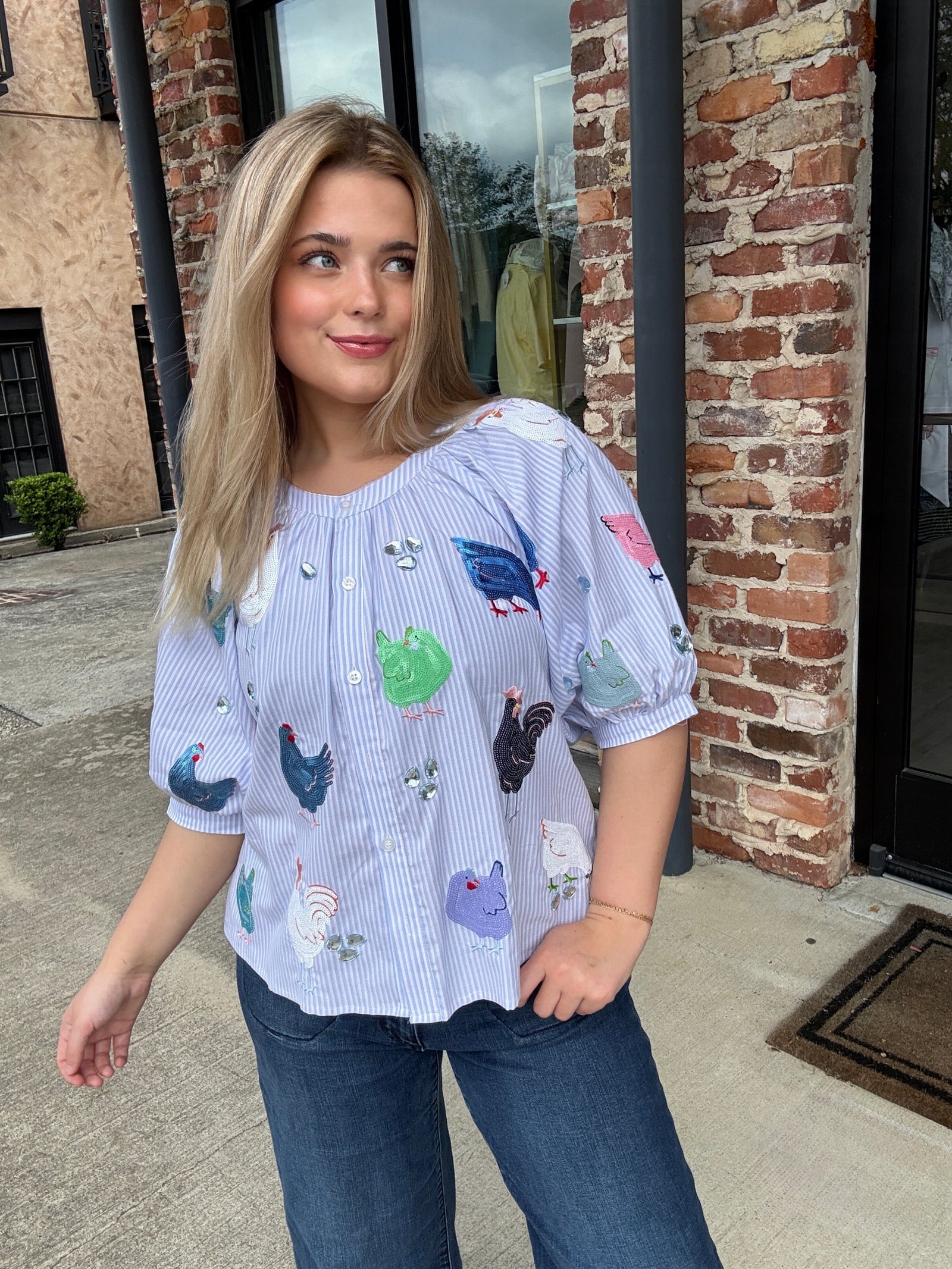 Queen of Sparkles Light Blue Stripe Multi Chicken Button Up Cotton Top