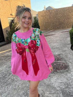 Queen of Sparkles Bright Pink Multi Wreath Around Neck Sweater Dress