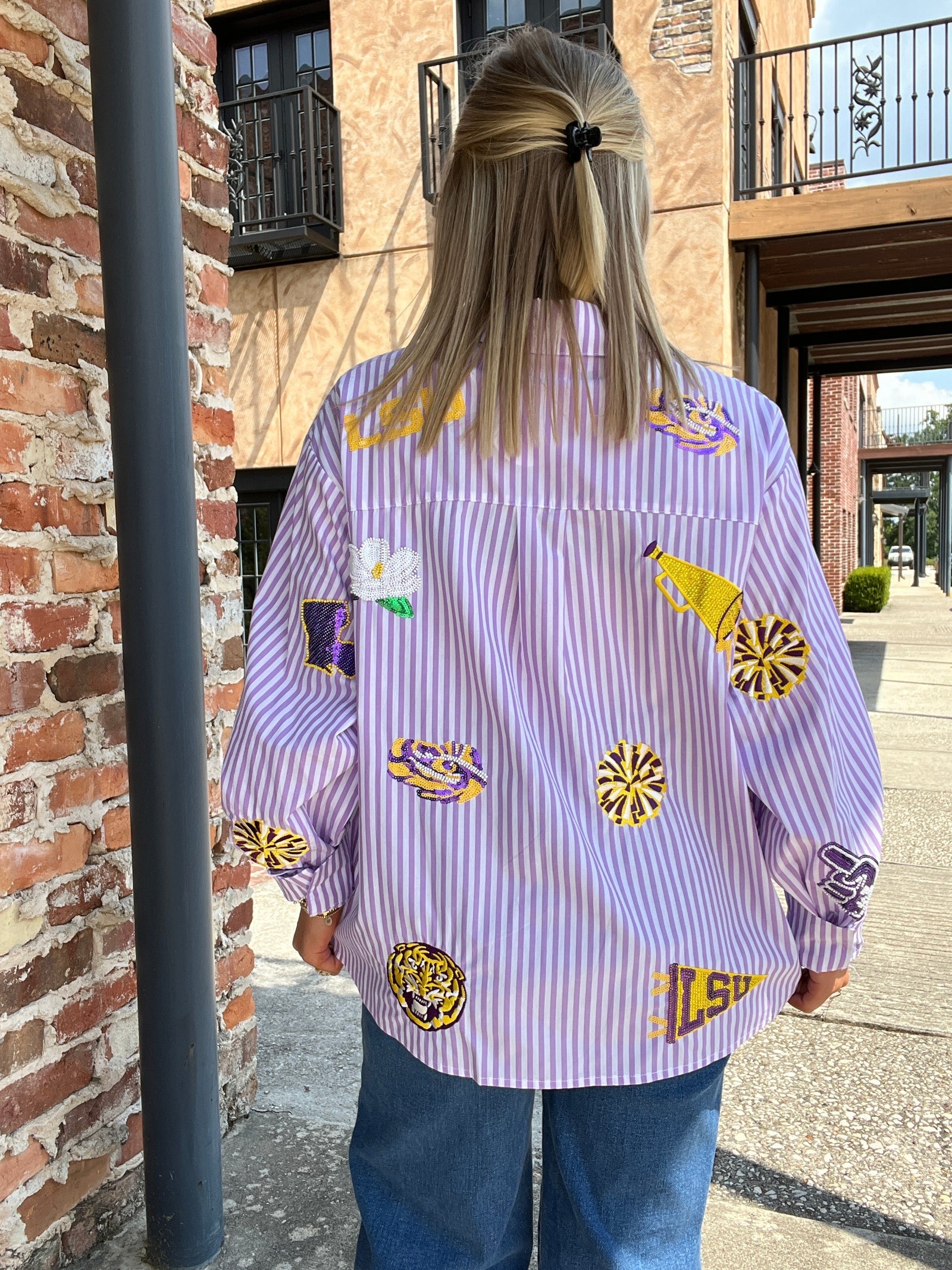 Queen of Sparkles Licensed LSU Icon Striped Button Down Long Sleeve Top