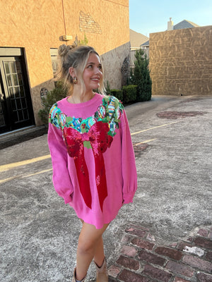 Queen of Sparkles Bright Pink Multi Wreath Around Neck Sweater Dress