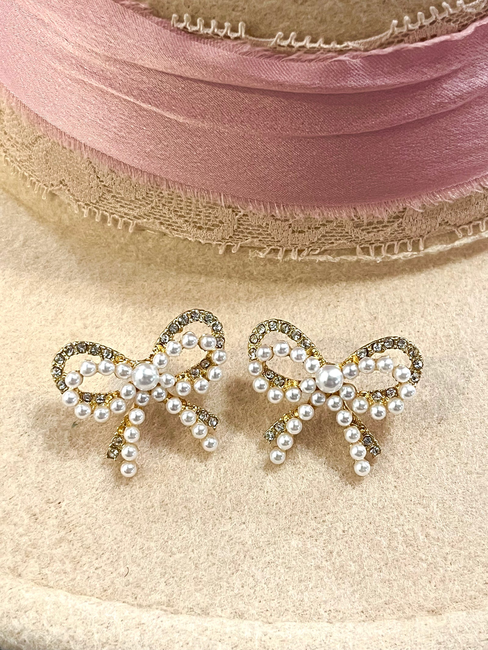 Pearl & Rhinestone Bow Earrings