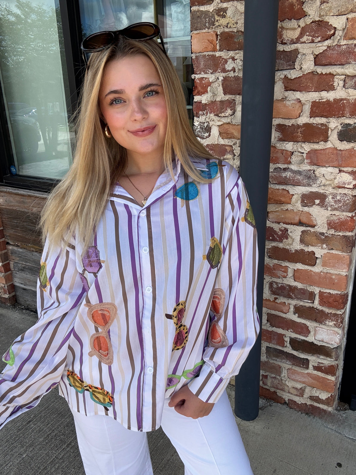 Queen of Sparkles Multi Stripe Sunglasses Cotton Button Up Top