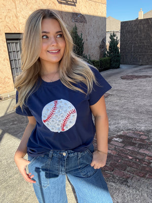 Queen of Sparkles Navy Flower Baseball Tee